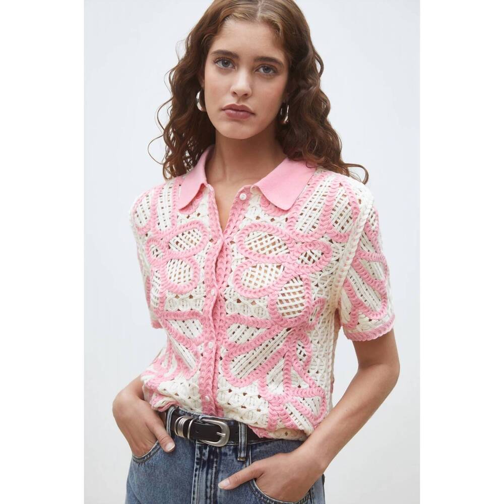 NEW SUNCOO gavrili two-tone crochet cardigan in rose